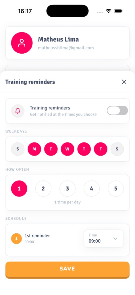 Training reminders screen